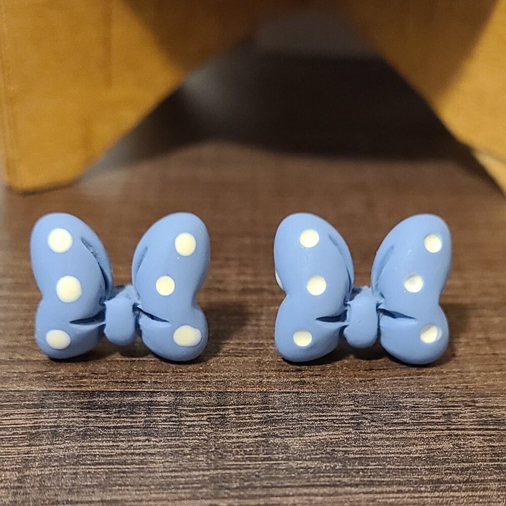 Handmade Blue Polka Dot Bow Earrings Studs Cute Fun Fashion Jewelry Lightweight